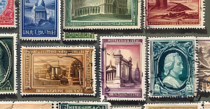 A vintage album filled with various rare stamps displayed under warm light, with some loose stamps around it.