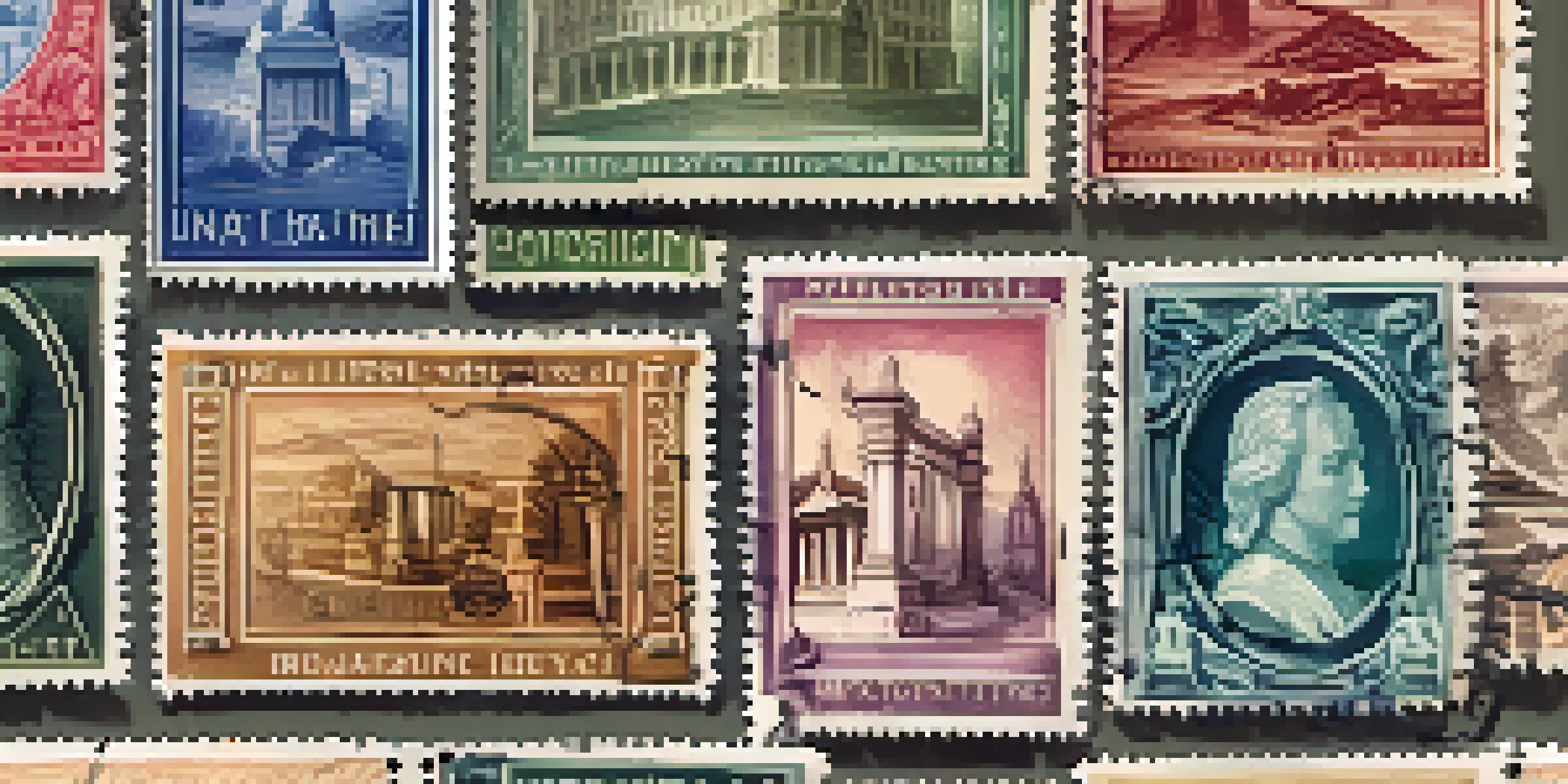 A vintage album filled with various rare stamps displayed under warm light, with some loose stamps around it.