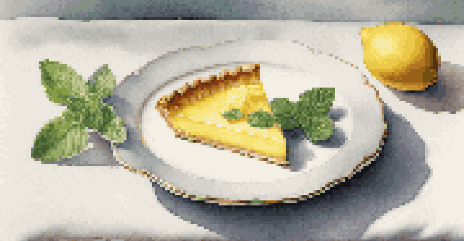 A slice of lemon tart on a porcelain plate with a sprig of mint, accompanied by a fork on a textured linen napkin under soft natural light.