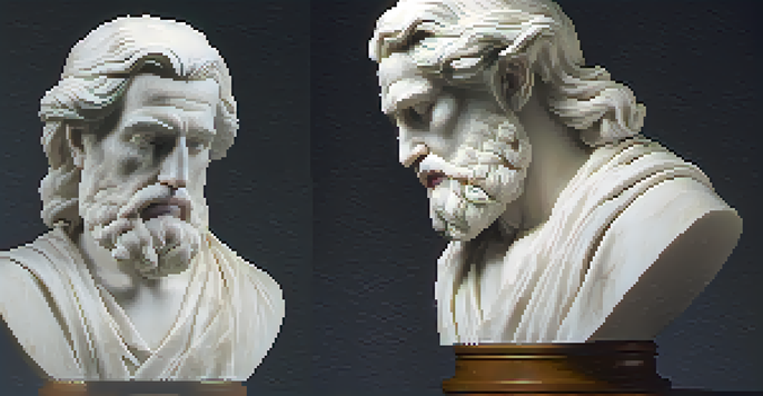 A marble bust of a philosopher on a wooden pedestal with soft lighting, showcasing detailed facial features.