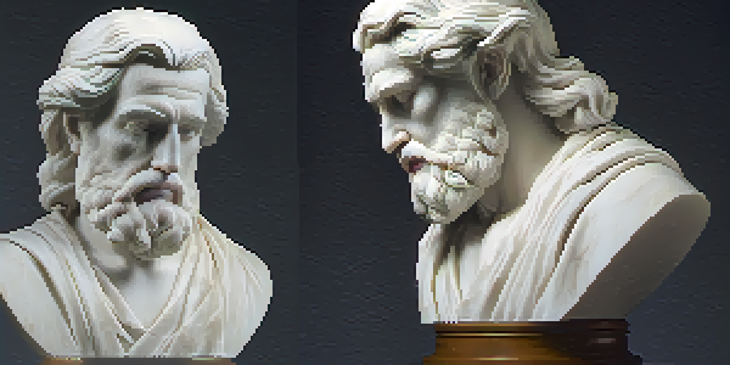 A marble bust of a philosopher on a wooden pedestal with soft lighting, showcasing detailed facial features.