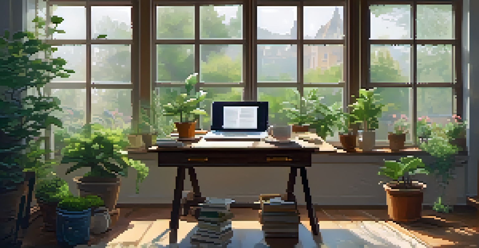 A cozy writing desk with a laptop, tea, and plants, bathed in natural light from a window overlooking a garden.