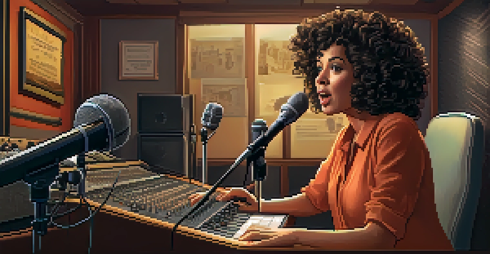 A middle-aged woman practicing voice acting in a cozy recording studio filled with vintage microphones and character illustrations.