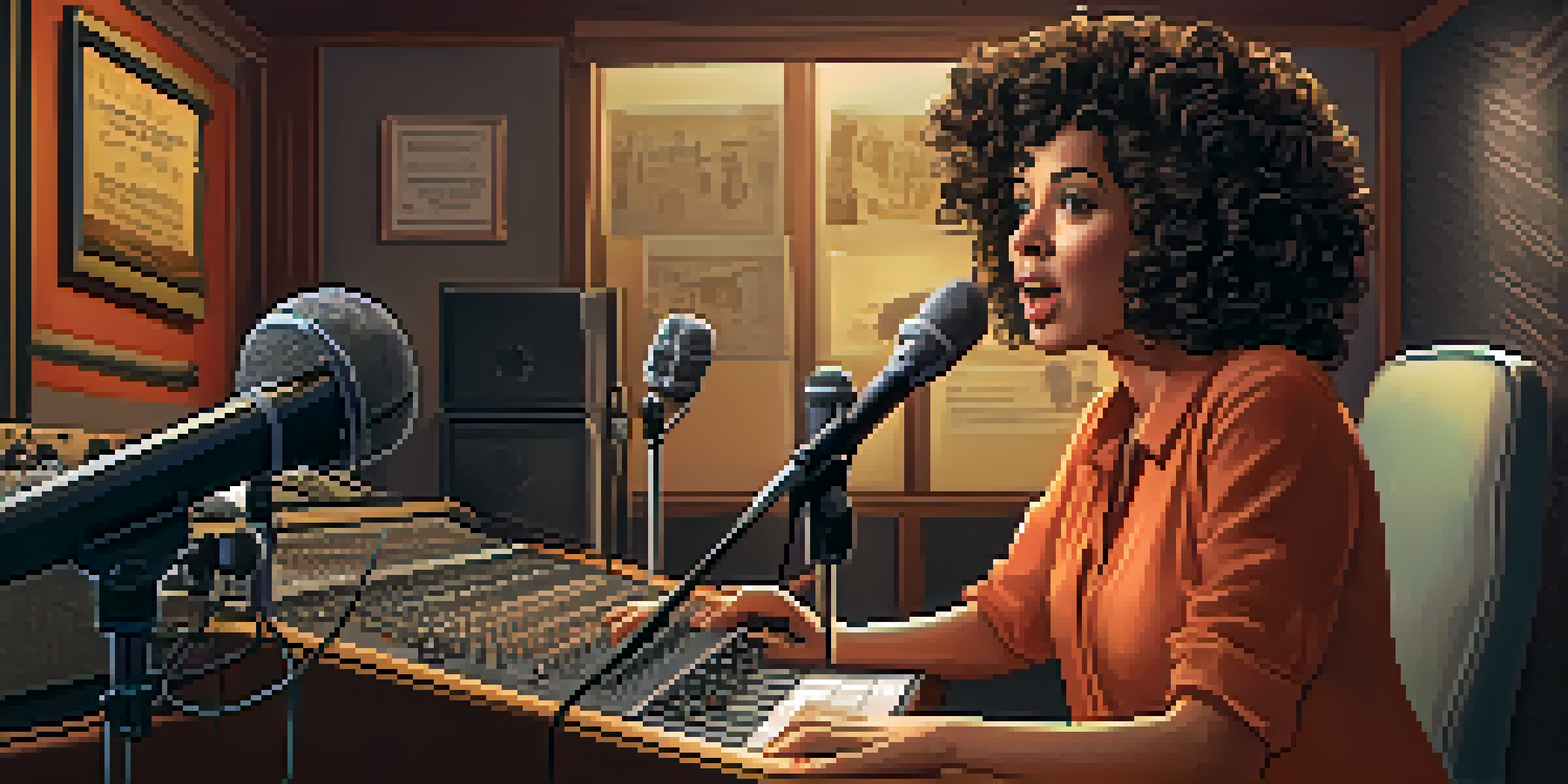 A middle-aged woman practicing voice acting in a cozy recording studio filled with vintage microphones and character illustrations.