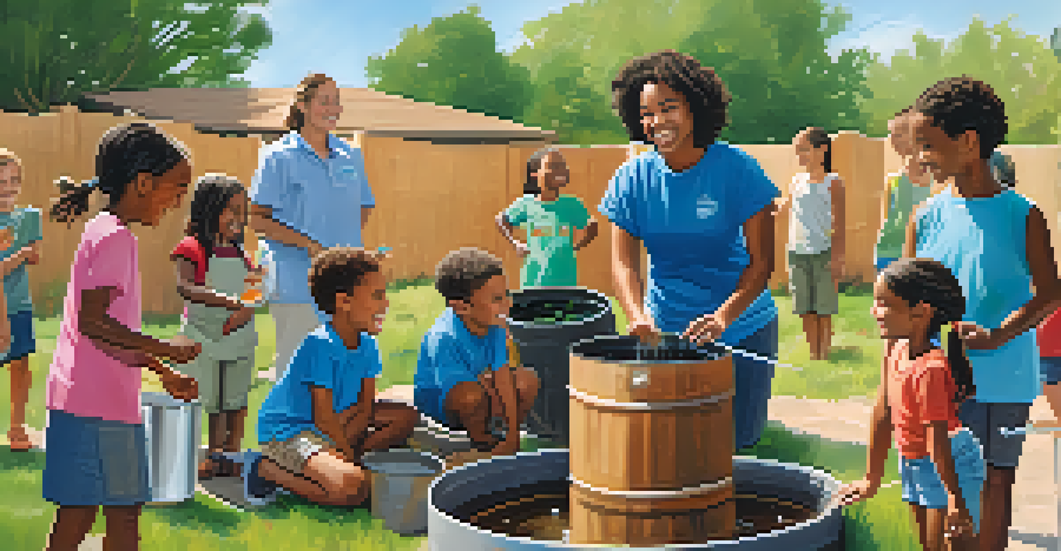 A family participating in a water conservation workshop, gathered around a rainwater harvesting system, with smiles and greenery in the background.