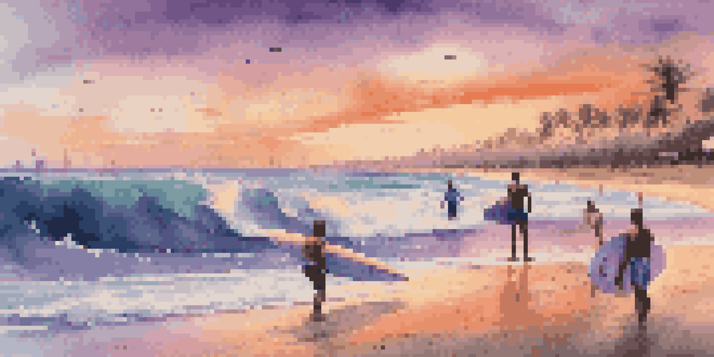 Surfers riding waves at a beach during sunset with a colorful sky and palm trees.
