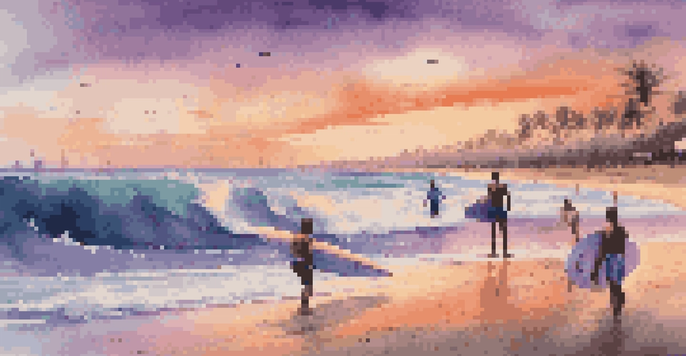 Surfers riding waves at a beach during sunset with a colorful sky and palm trees.