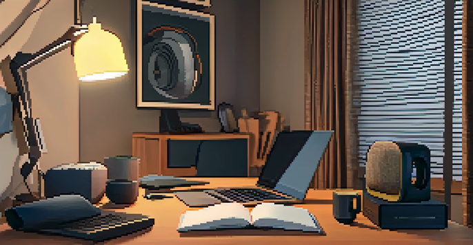 A cozy home office with a microphone, laptop, and headphones, showcasing a soundproofed environment.