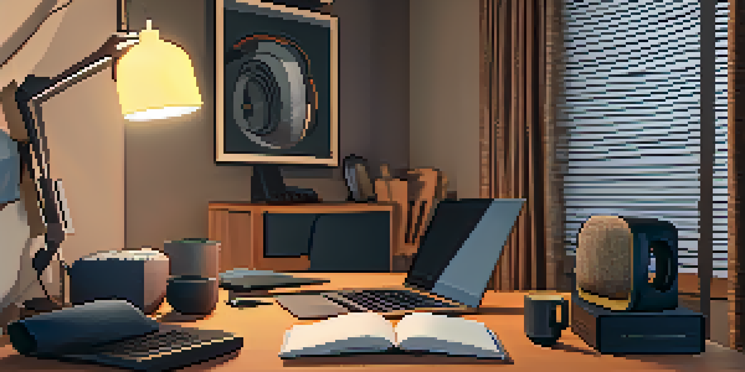 A cozy home office with a microphone, laptop, and headphones, showcasing a soundproofed environment.