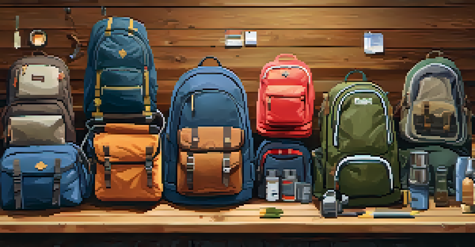A variety of backpacks of different sizes and styles on a wooden table, with camping gear around them.