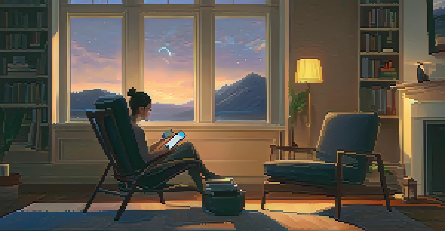 A person sitting in a cozy chair, listening to an audiobook with soft lighting and a stack of books nearby.