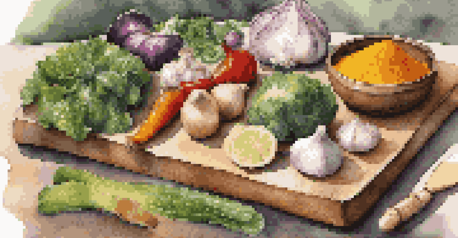 A close-up of a cutting board with colorful ingredients like turmeric and garlic, emphasizing the art of cooking for health.
