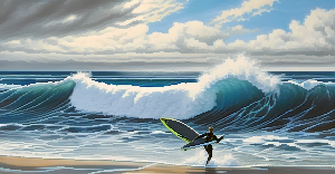 A winter surfer in a black wetsuit paddling through blue ocean waves with icy cliffs in the background.