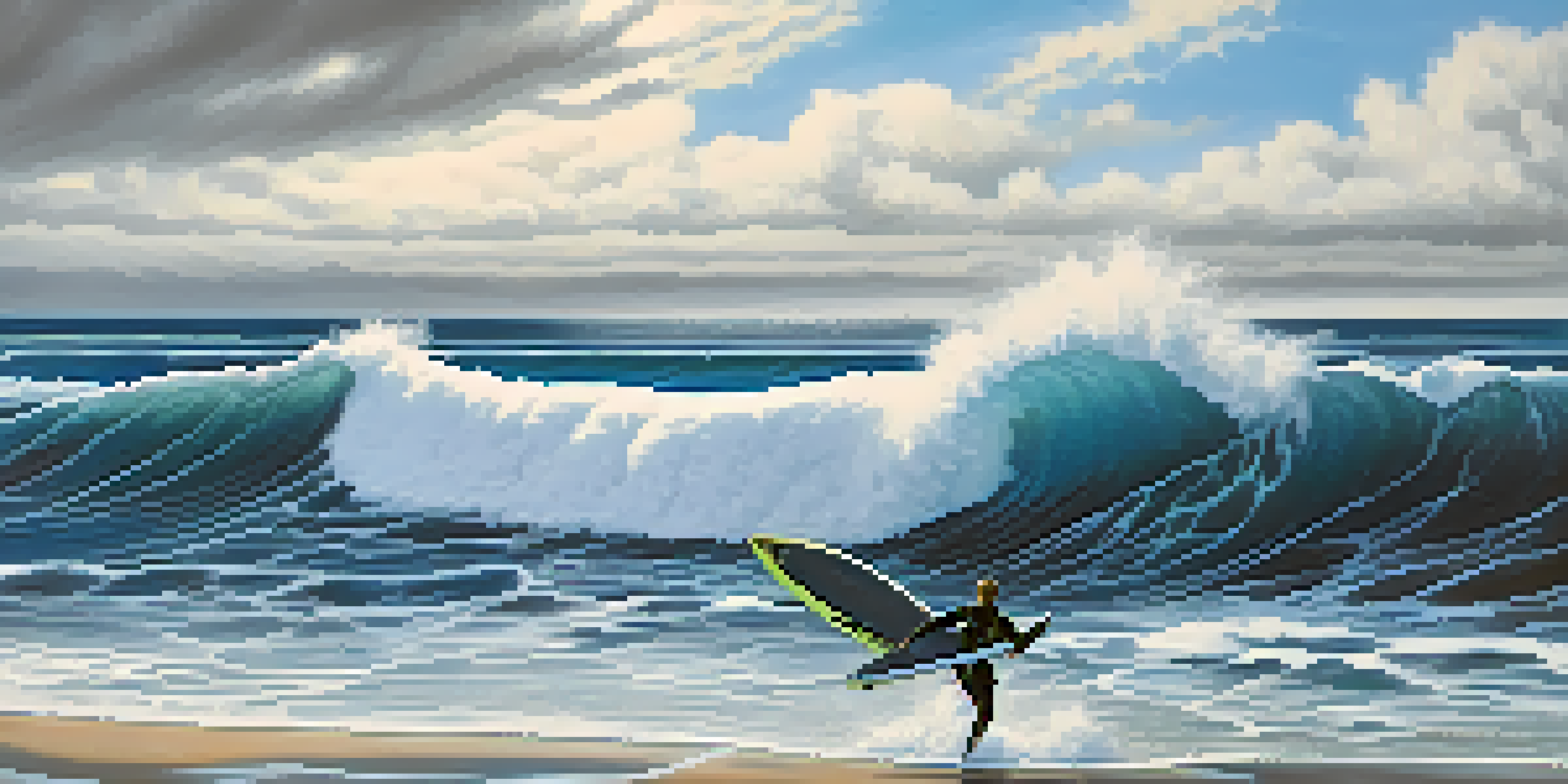 A winter surfer in a black wetsuit paddling through blue ocean waves with icy cliffs in the background.