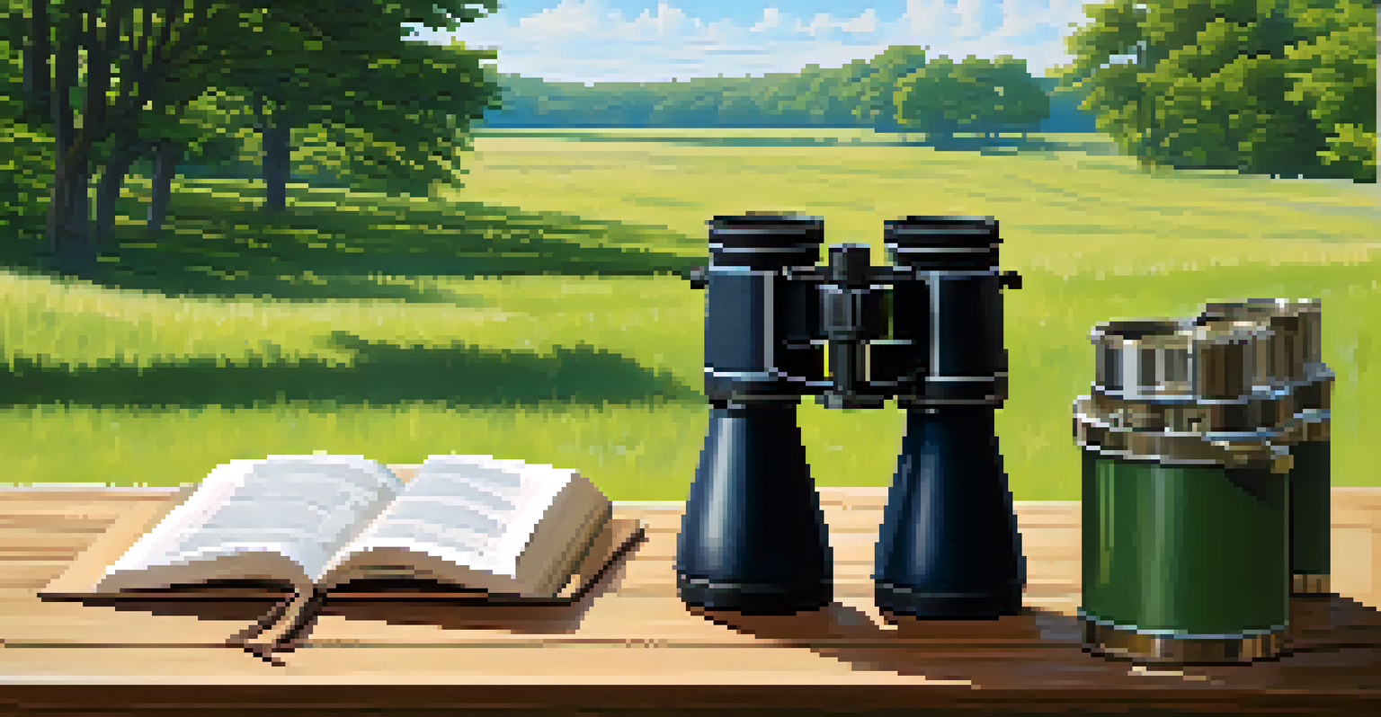 A nature observation setup with binoculars and an open field guide on a table, set against a beautiful green landscape and blue sky.