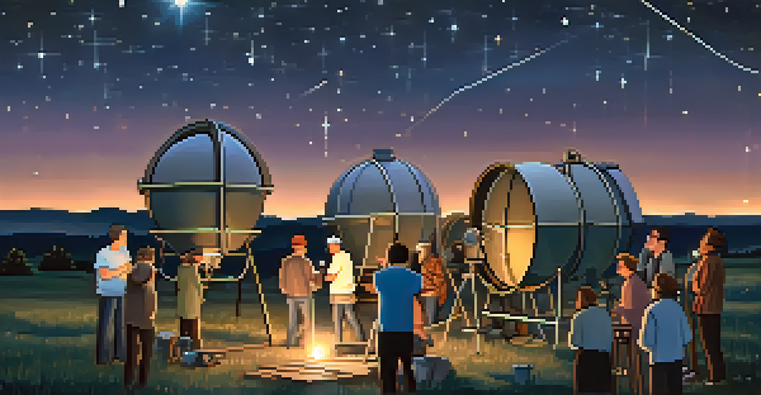 A group of amateur astronomers at a star party, pointing at the night sky filled with stars, with a telescope and lanterns in the scene.