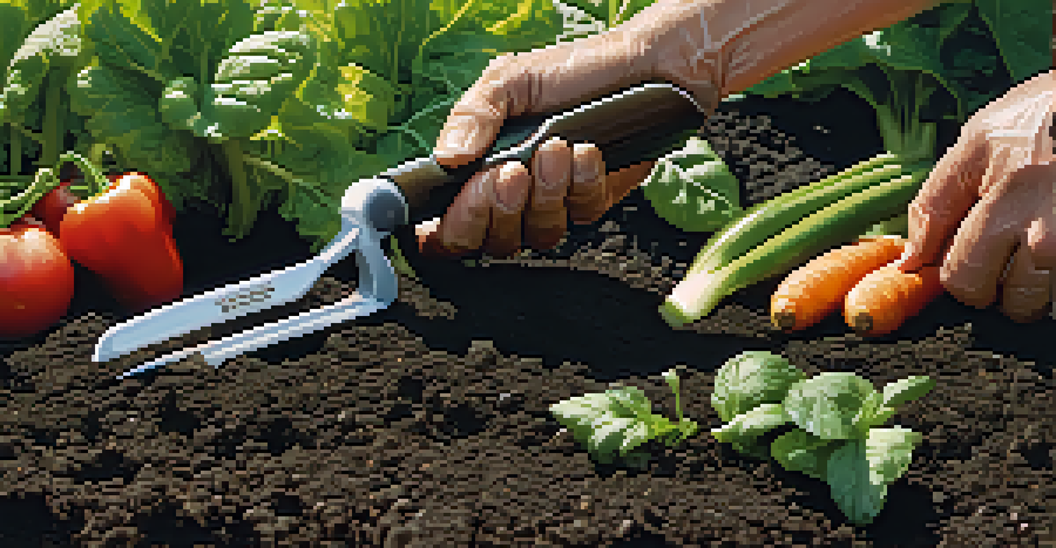 Close-up of hands using a multi-functional gardening tool in a vegetable garden, showcasing rich soil and various plants under sunlight.