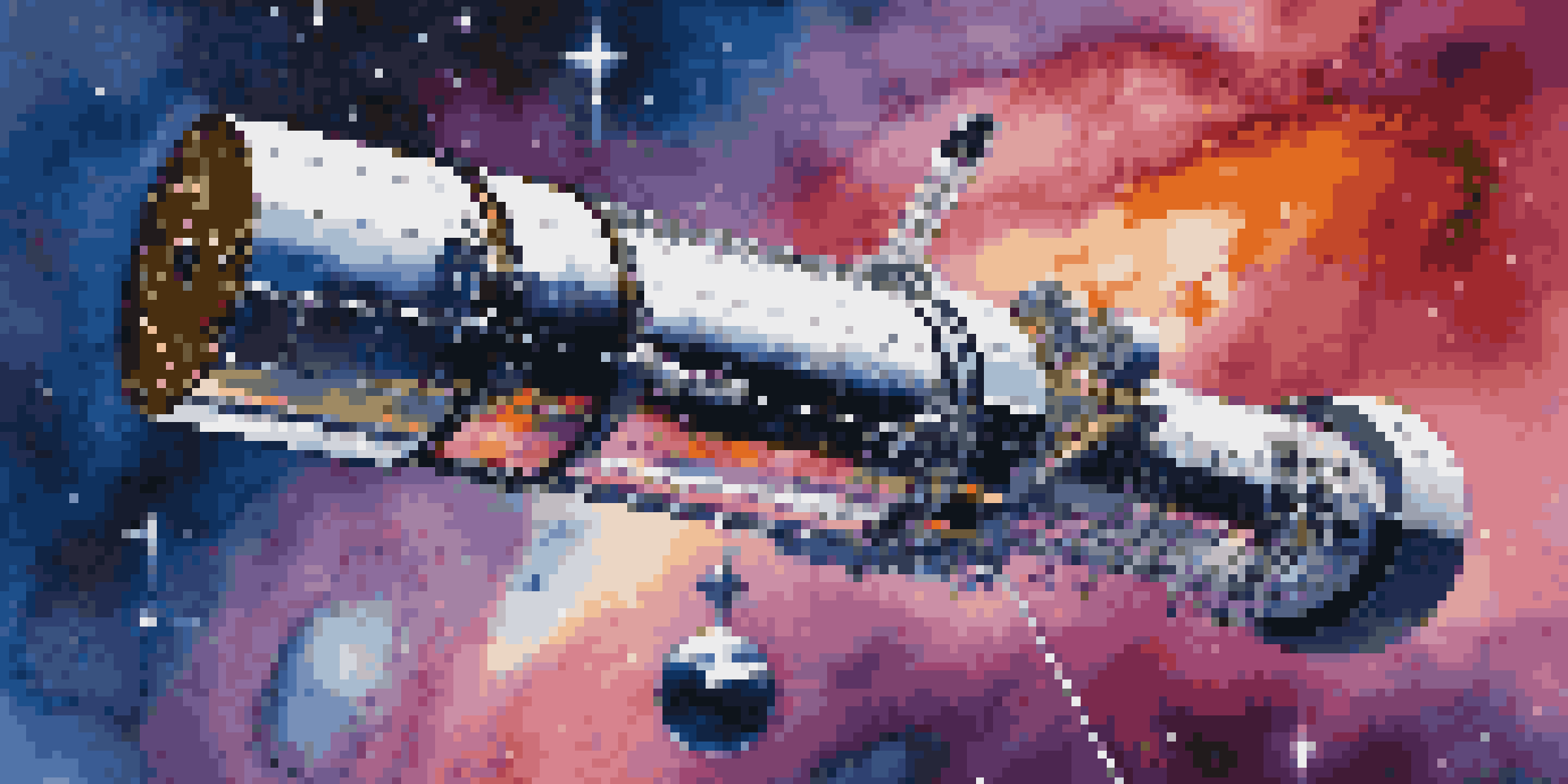 An artistic representation of the Hubble Space Telescope in space, surrounded by a colorful galaxy filled with stars.