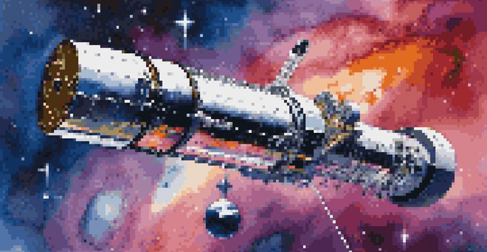 An artistic representation of the Hubble Space Telescope in space, surrounded by a colorful galaxy filled with stars.