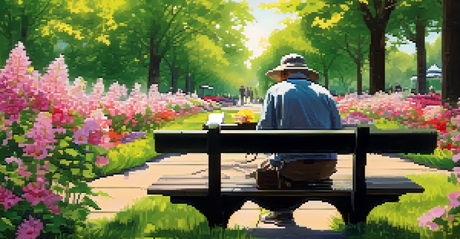 A calligrapher practicing on a park bench surrounded by flowers and trees, with a focus on vibrant lettering.
