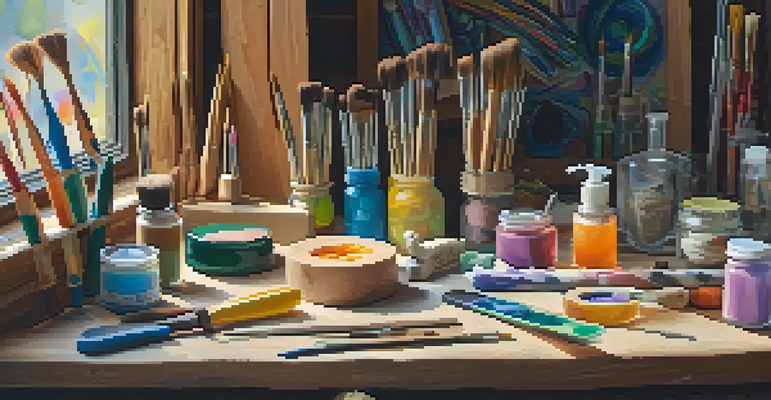 An artist's workspace with soap carving tools and a partially carved soap bird, bright lighting emphasizing the textures and colors of the tools and soap.