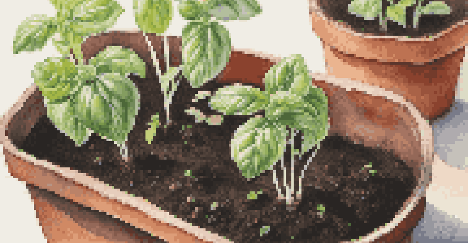 Close-up of basil seedlings in a pot with rich soil and soft morning light.