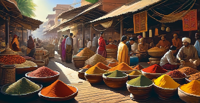A bustling spice market filled with colorful spices in wooden bowls, with merchants and customers interacting under warm sunlight.