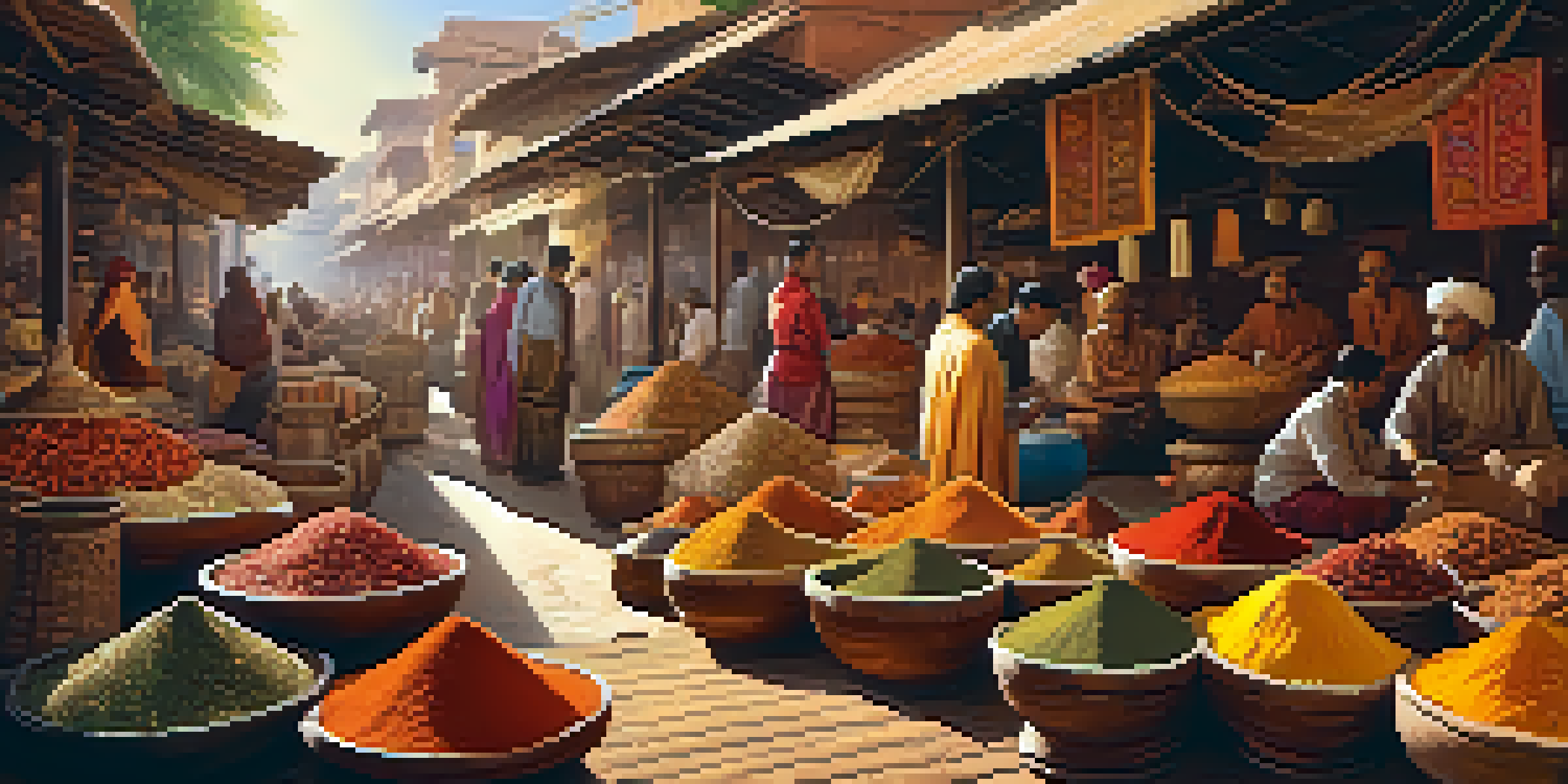 A bustling spice market filled with colorful spices in wooden bowls, with merchants and customers interacting under warm sunlight.