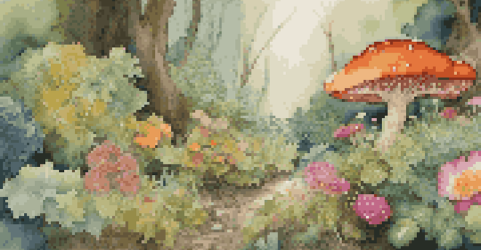 A vibrant garden with colorful flowers and visible fungal growth, showcasing the interconnectedness of plants and fungi.