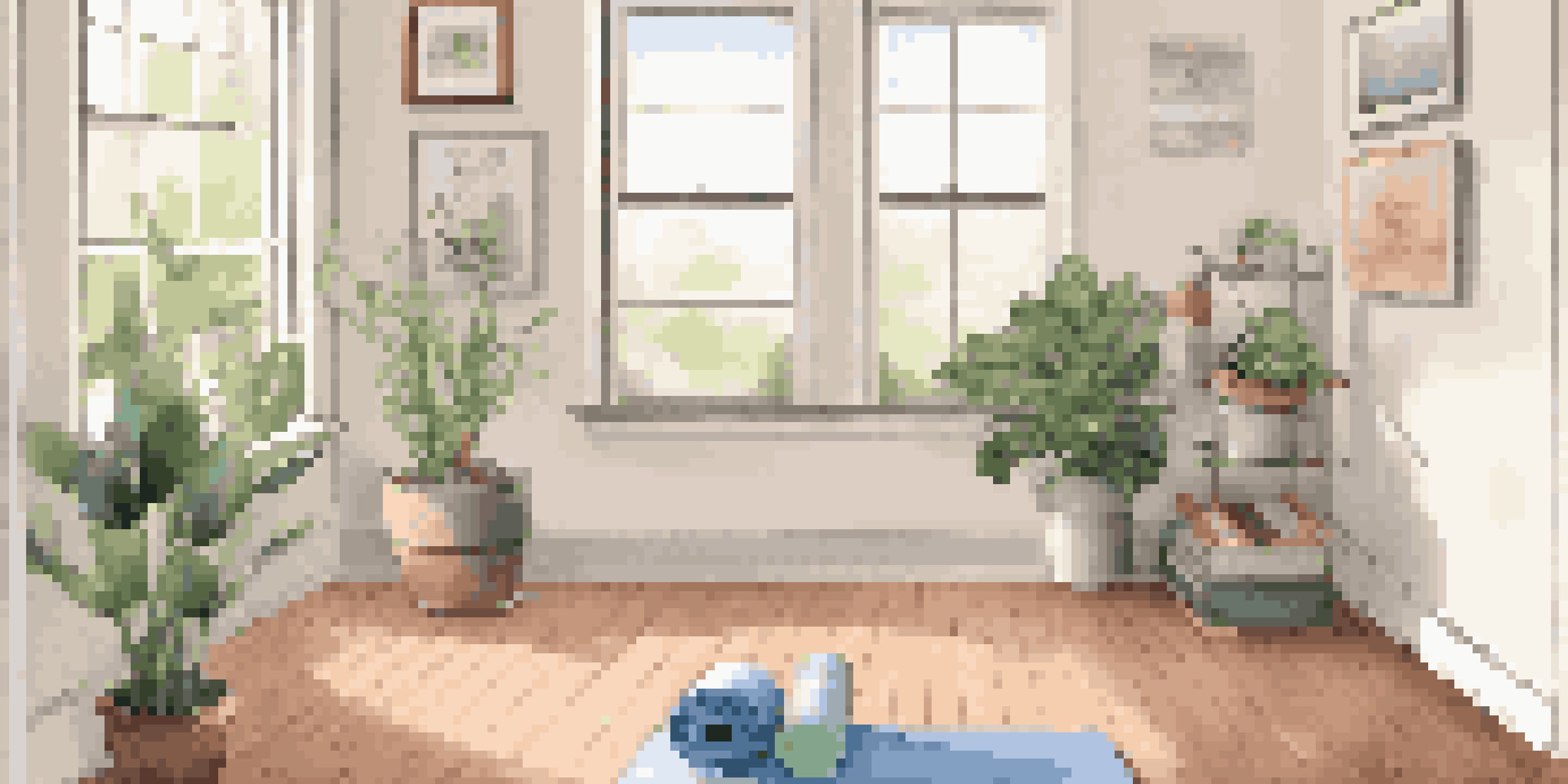A warm and inviting home workout area with a yoga mat, resistance bands, and a water bottle, illuminated by soft natural light.