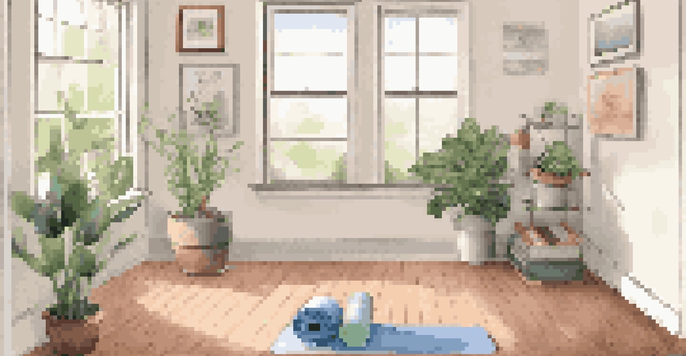 A warm and inviting home workout area with a yoga mat, resistance bands, and a water bottle, illuminated by soft natural light.