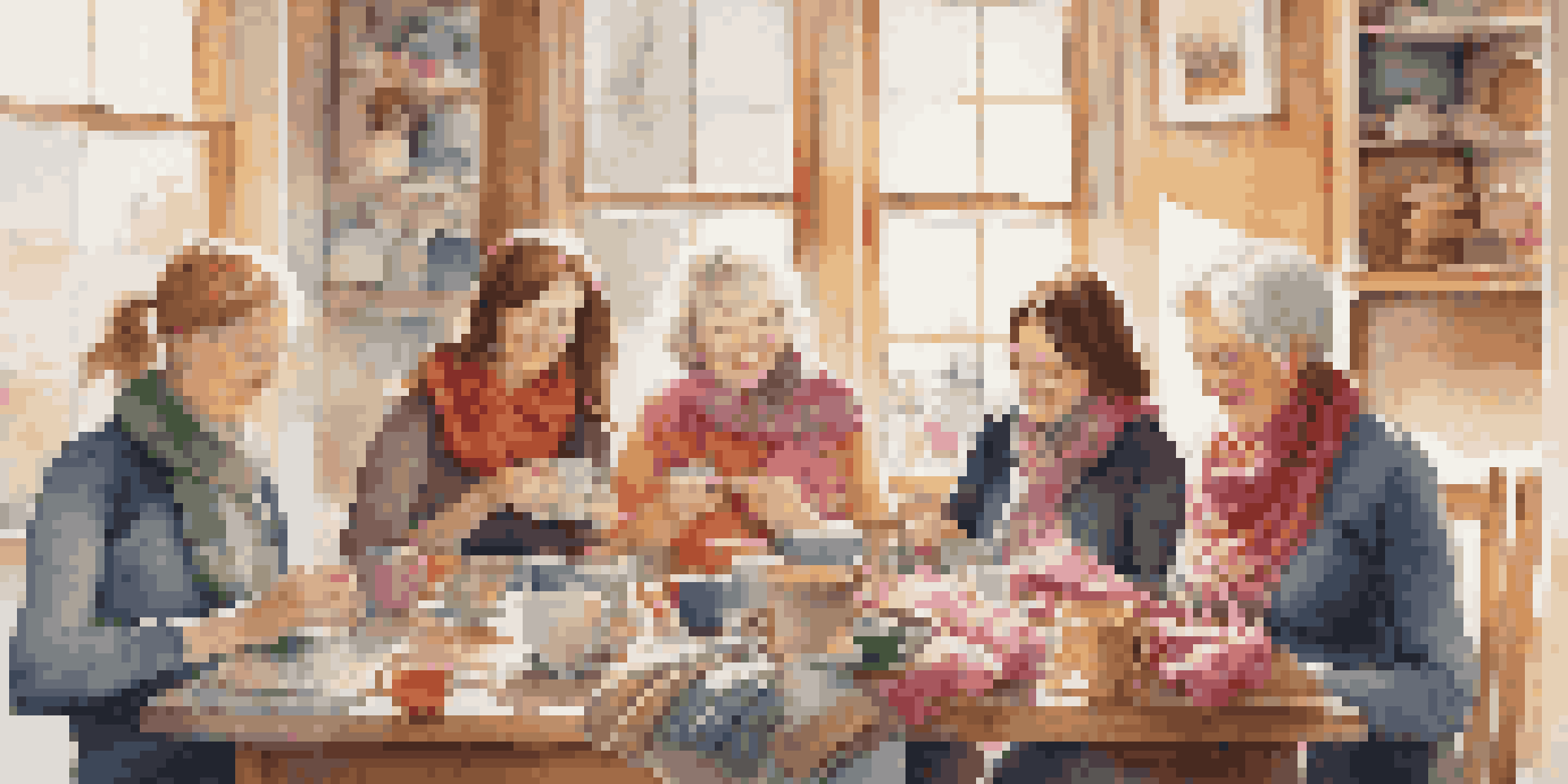 A group of people happily knitting together in a cozy room, surrounded by colorful yarn and handmade items.