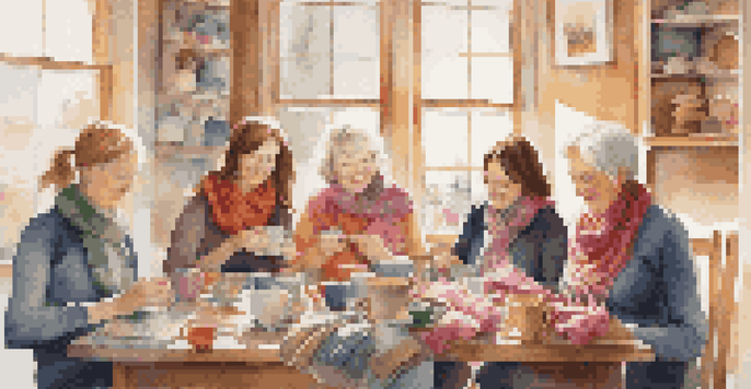 A group of people happily knitting together in a cozy room, surrounded by colorful yarn and handmade items.