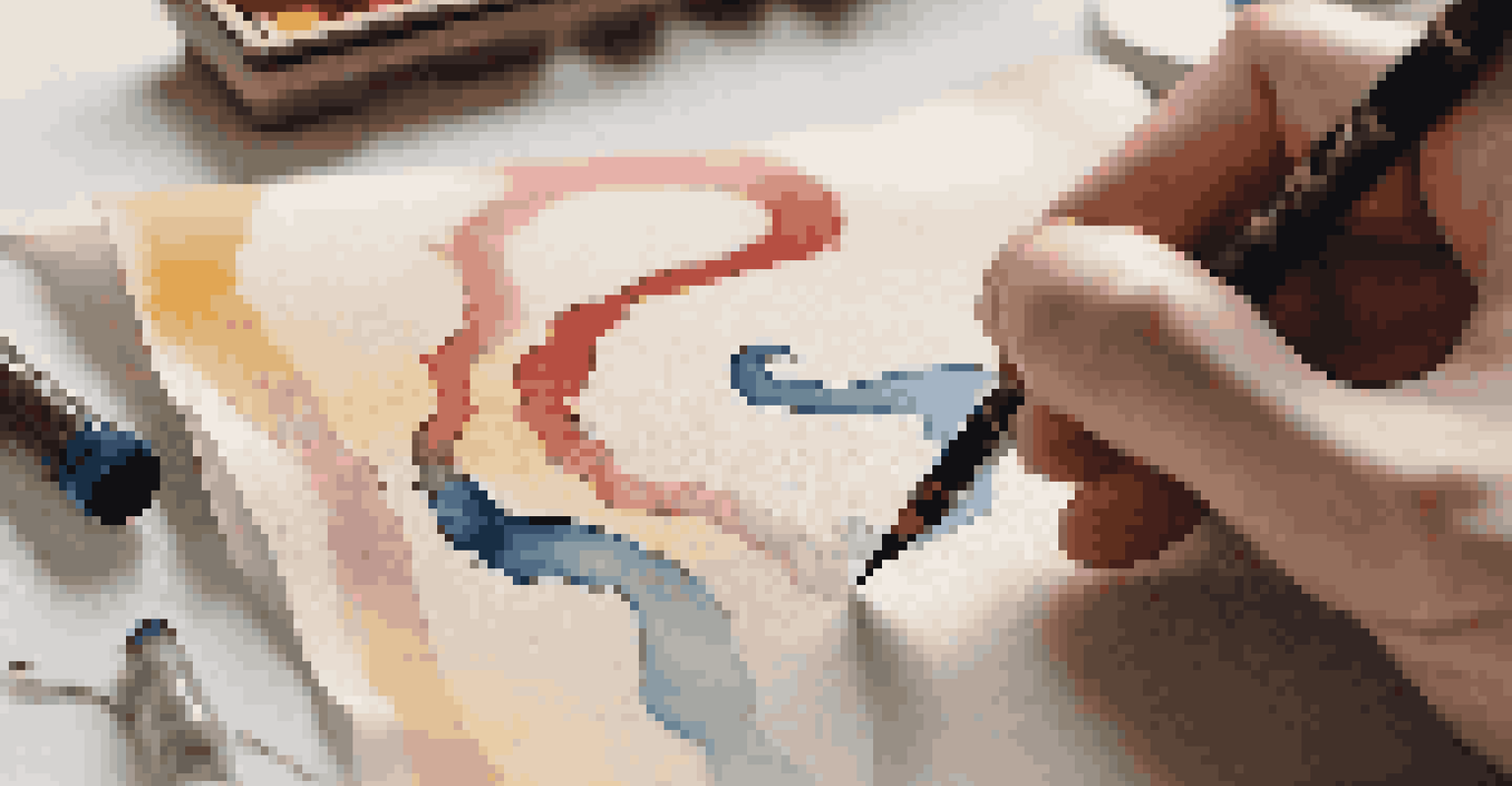 A close-up of a hand writing calligraphy on textured paper, showcasing colorful inks and decorative elements.