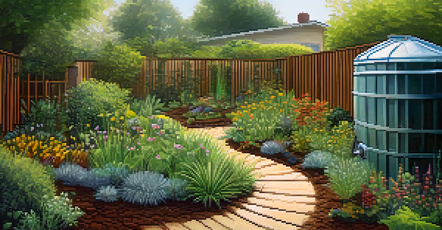 A detailed view of a sustainable garden featuring native plants and a rainwater harvesting system, with sunlight reflecting off water droplets on the foliage.