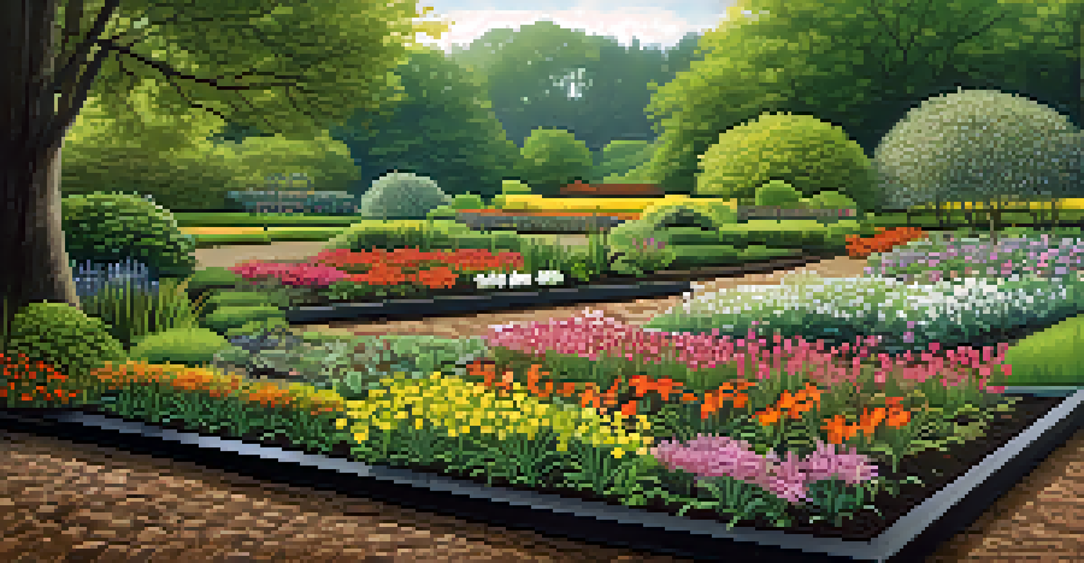 A springtime garden with newly sprouted seeds in dark soil, surrounded by colorful flowers and lush greenery.