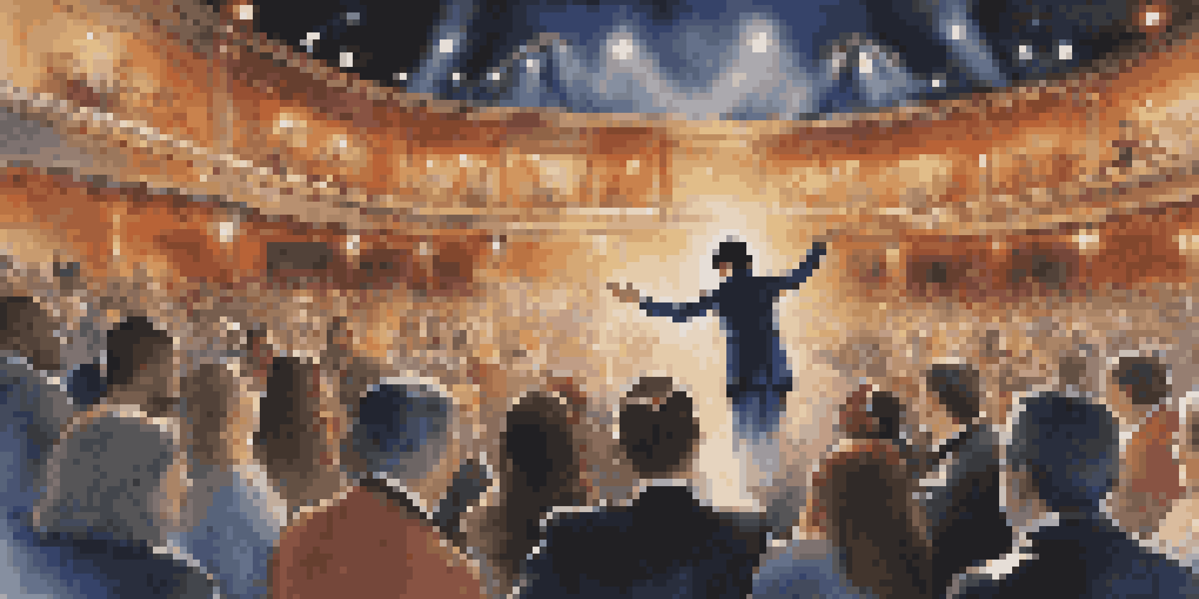 A magician in a tuxedo engaging with a volunteer on stage while an amazed audience watches, illuminated by colorful stage lights.