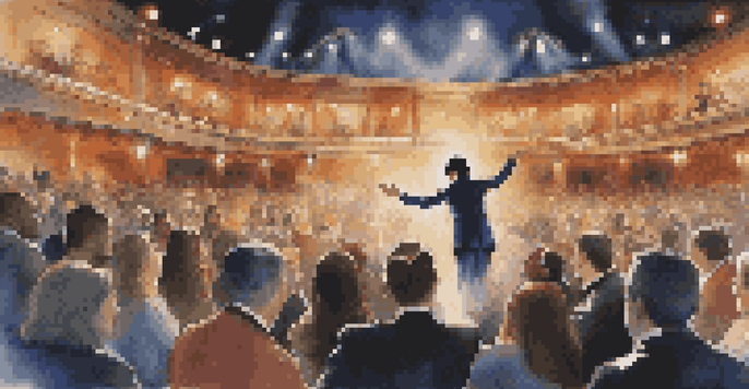 A magician in a tuxedo engaging with a volunteer on stage while an amazed audience watches, illuminated by colorful stage lights.