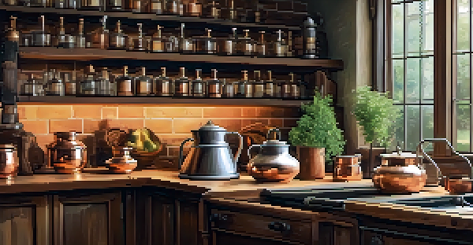 A rustic kitchen featuring a traditional copper pot still on a wooden countertop, surrounded by herbs and spices, with warm light filtering through a window.