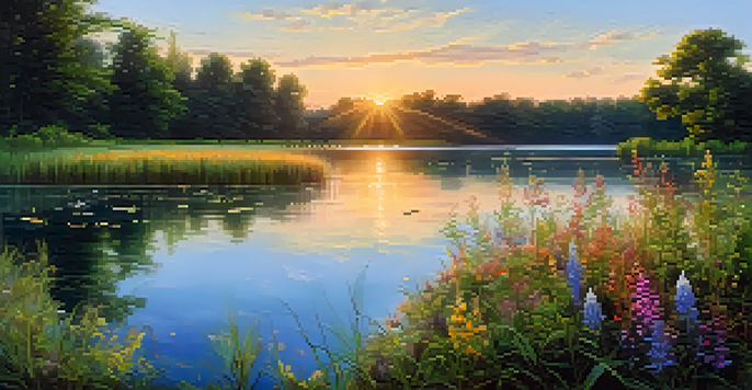 A peaceful lakeside scene at sunset, with wildflowers in the foreground and colorful sky reflections in the water.