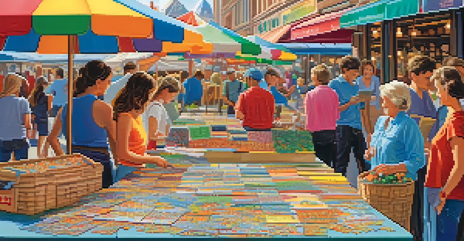 An outdoor market filled with colorful jigsaw puzzles for sale, with collectors browsing through the selection at a puzzle swap event.