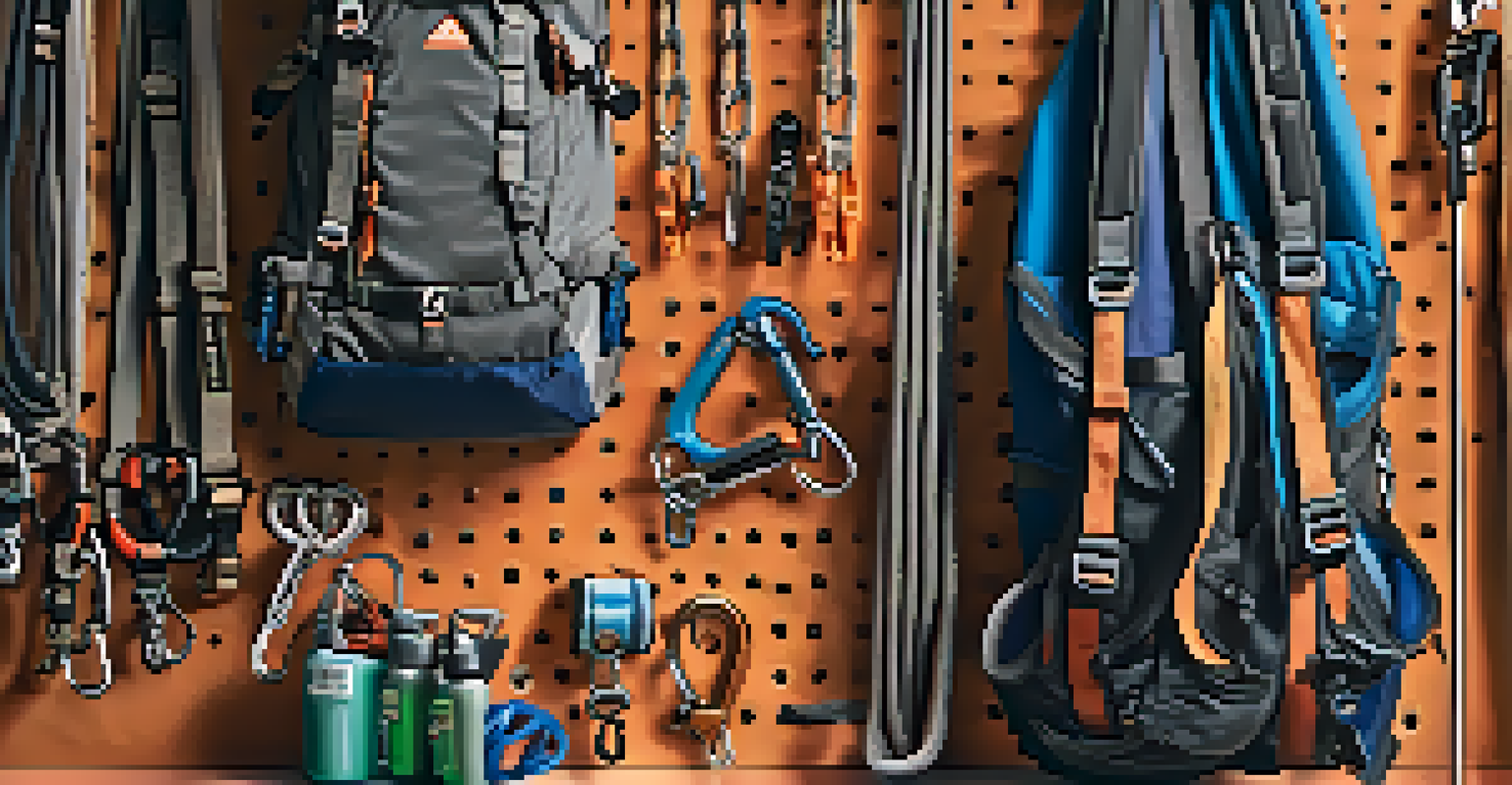 A close-up of neatly organized climbing gear, including carabiners and ropes, in front of a well-maintained climbing wall.
