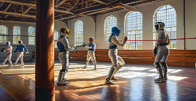 A lively fencing club with diverse fencers sparring, colorful gear, and sunlight streaming through windows.