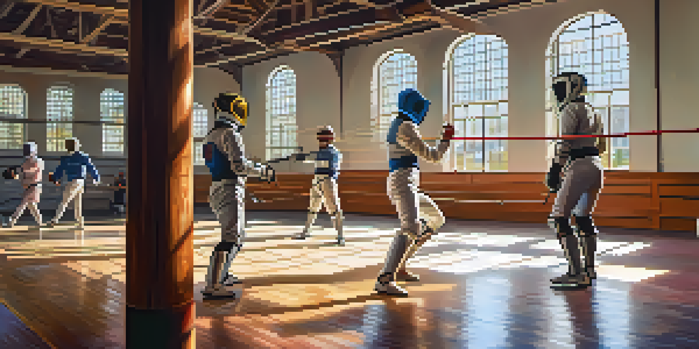 A lively fencing club with diverse fencers sparring, colorful gear, and sunlight streaming through windows.