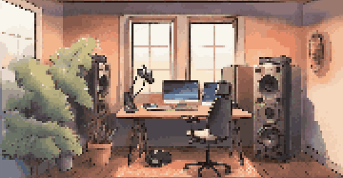 A cozy podcasting studio featuring a microphone and audio editing software, with warm lighting and soundproofing panels.