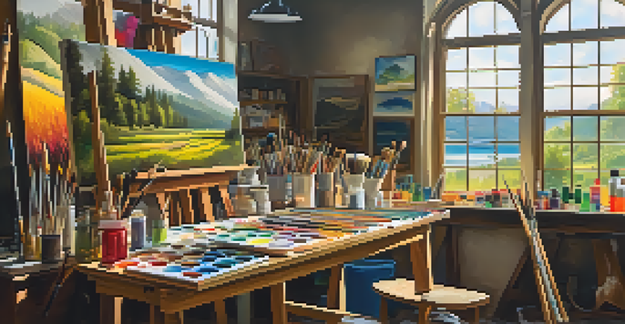 An artist's workshop with colorful canvases, paintbrushes, and bright natural light.