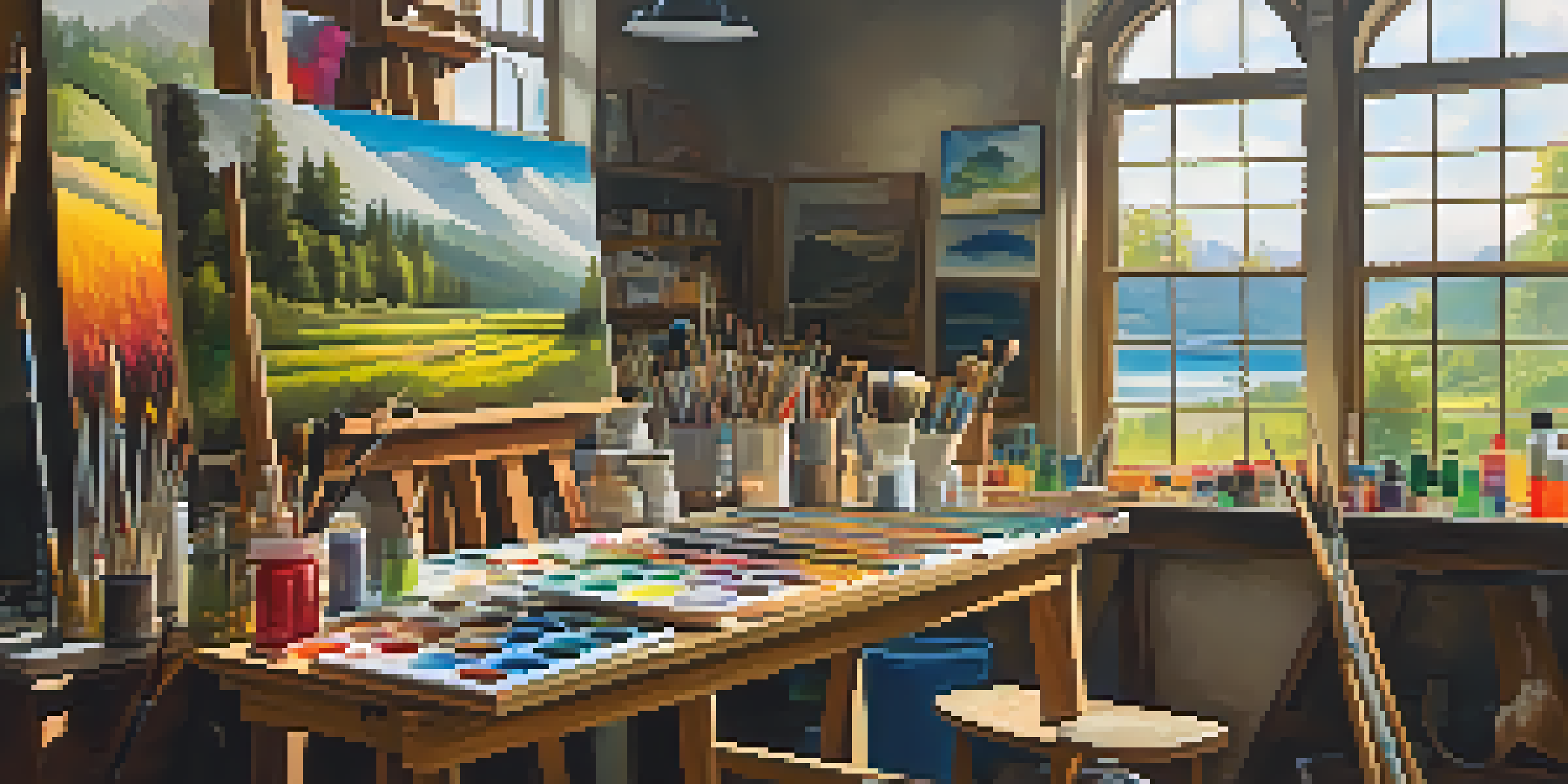 An artist's workshop with colorful canvases, paintbrushes, and bright natural light.