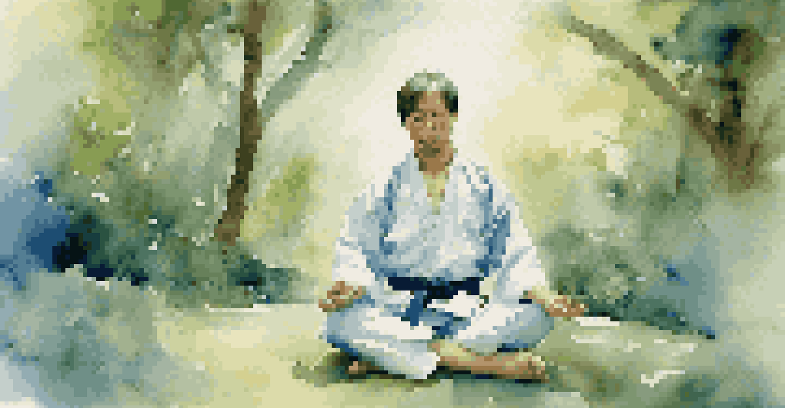 A martial artist practicing visualization in a peaceful garden, surrounded by faint images of martial arts techniques.