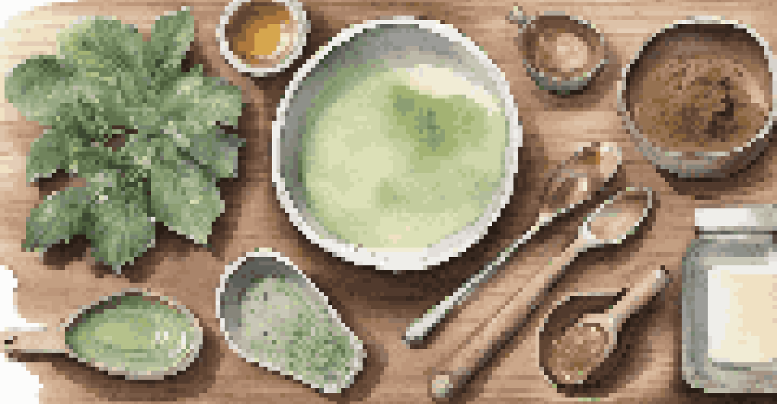 Flat lay arrangement of bentonite clay, essential oils, and soap base on a wooden surface with greenery in the background.