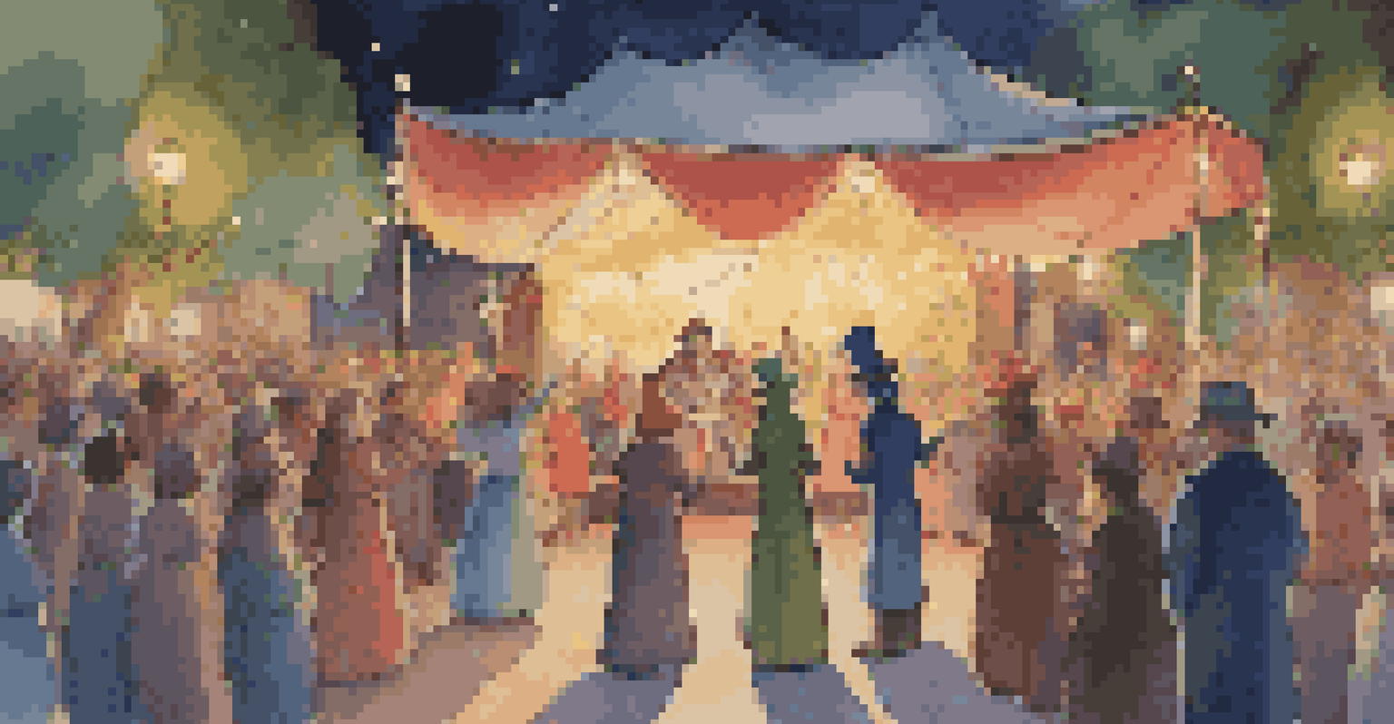 A magician performing outdoors at dusk, pulling a silk scarf from a hat, surrounded by an audience under fairy lights.